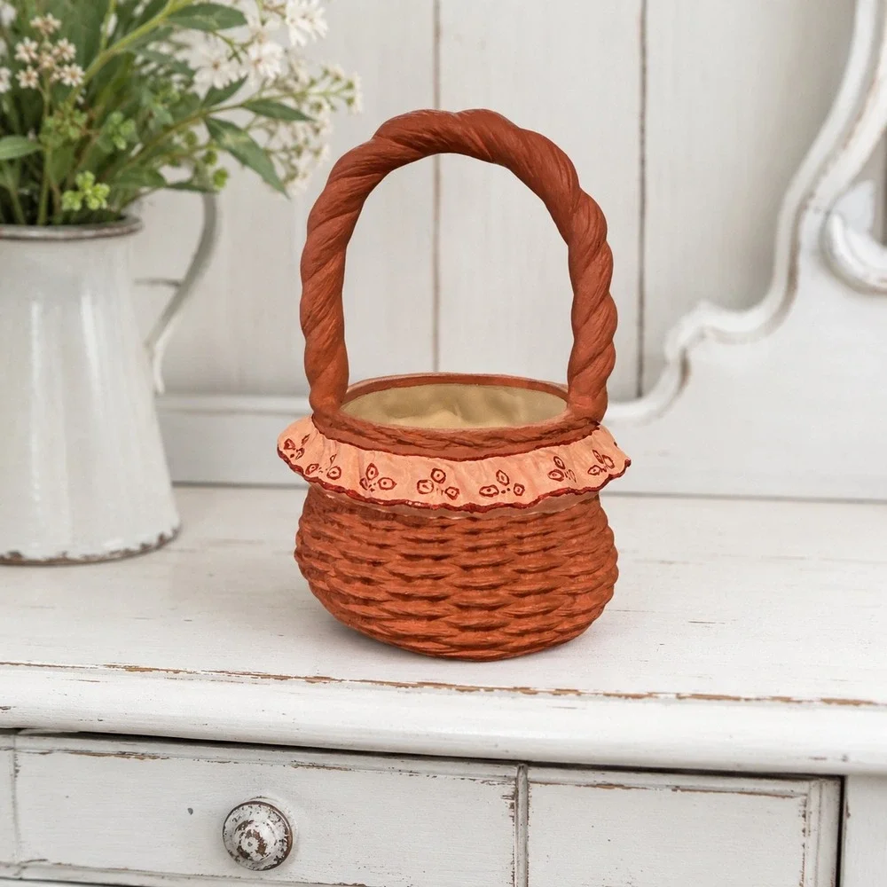 Vintage Ceramic Woven Basket Planter Terracotta Ruffle Floral Detail 7.5 Inch